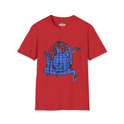 Octopus in Cage T-Shirt — Blue Nautical Sea Creature Graphic Tee