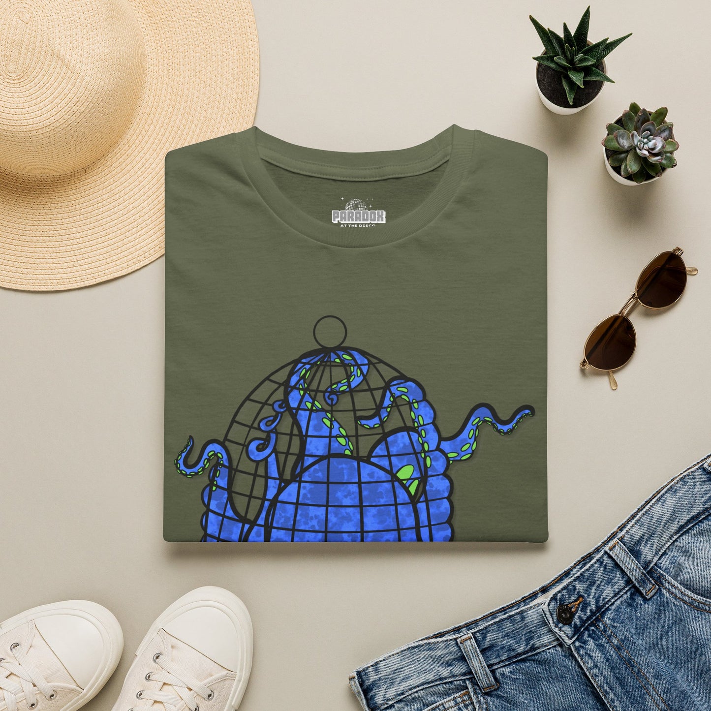 Octopus in Cage T-Shirt — Blue Nautical Sea Creature Graphic Tee