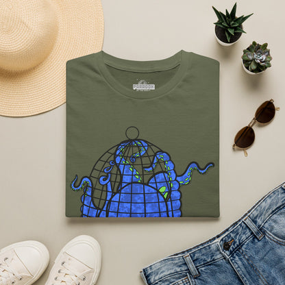 Octopus in Cage T-Shirt — Blue Nautical Sea Creature Graphic Tee
