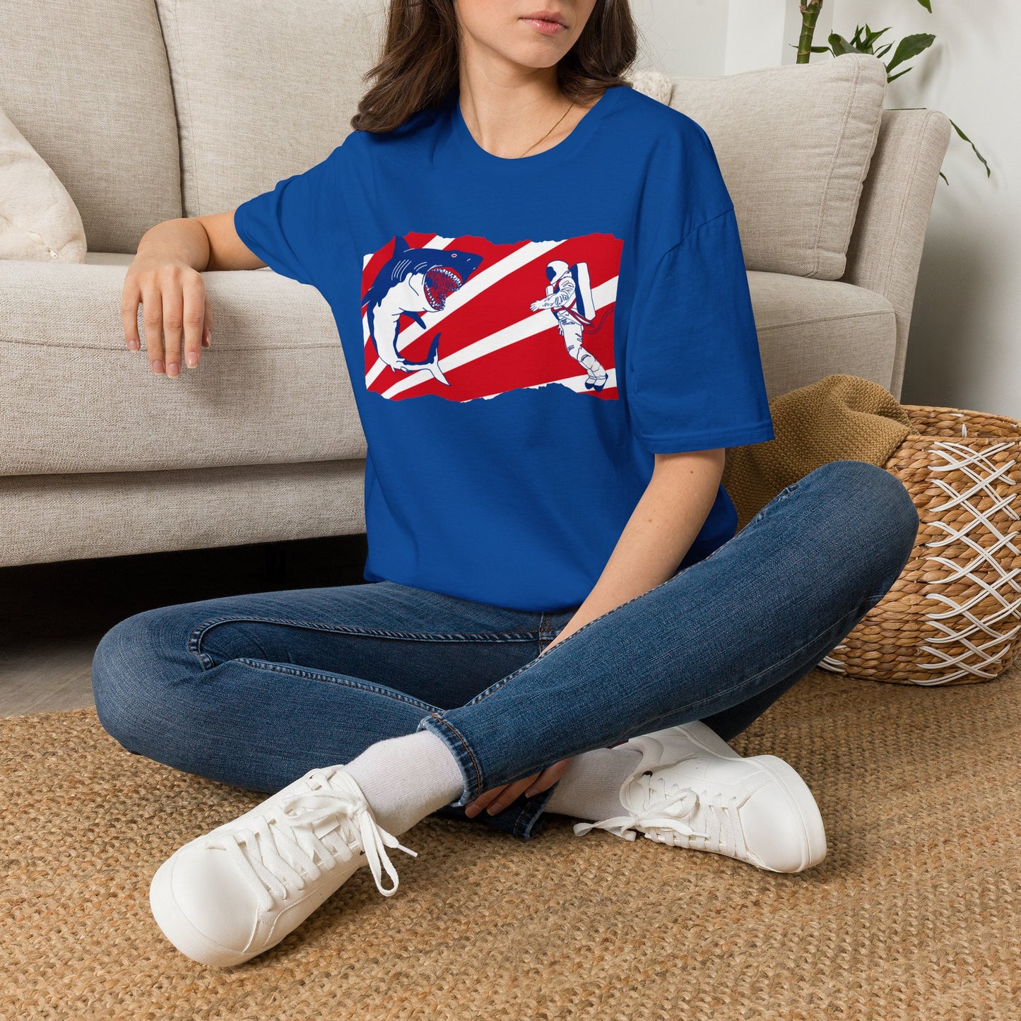 Astronaut vs Shark Graphic T-Shirt — Retro Red Stripe Space Dive Tee