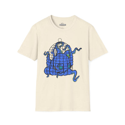 Octopus in Cage T-Shirt — Blue Nautical Sea Creature Graphic Tee