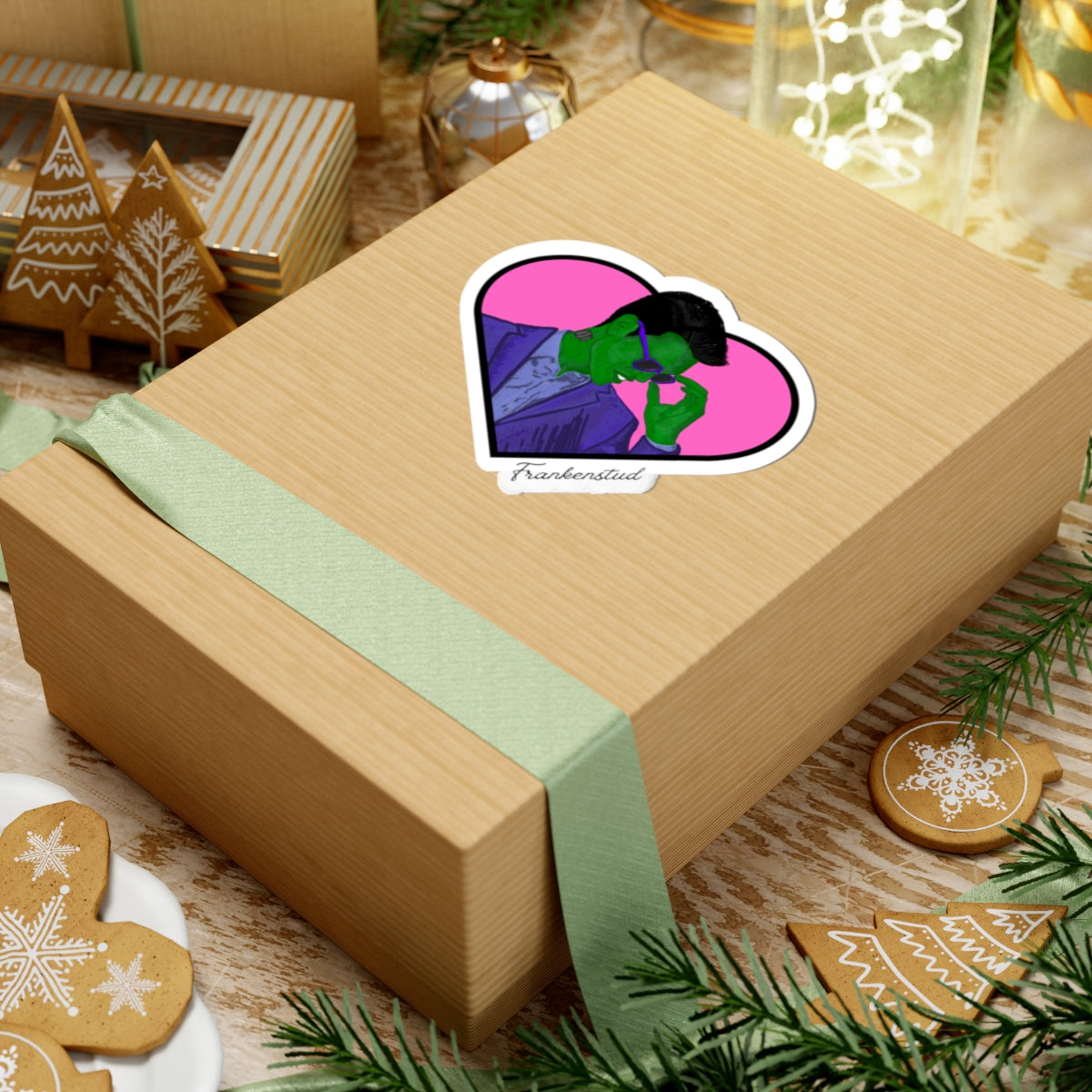 Frankenstud Heart Sticker — Retro Green Monster Kiss-Cut Vinyl