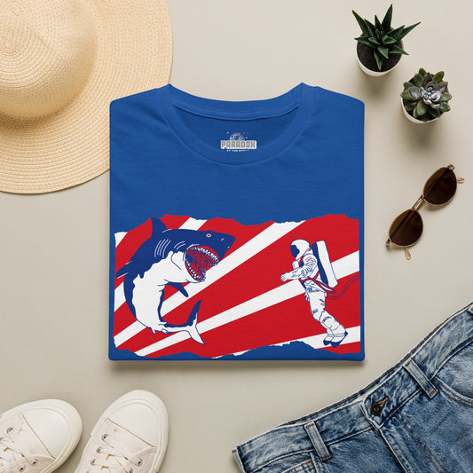 Astronaut vs Shark Graphic T-Shirt — Retro Red Stripe Space Dive Tee
