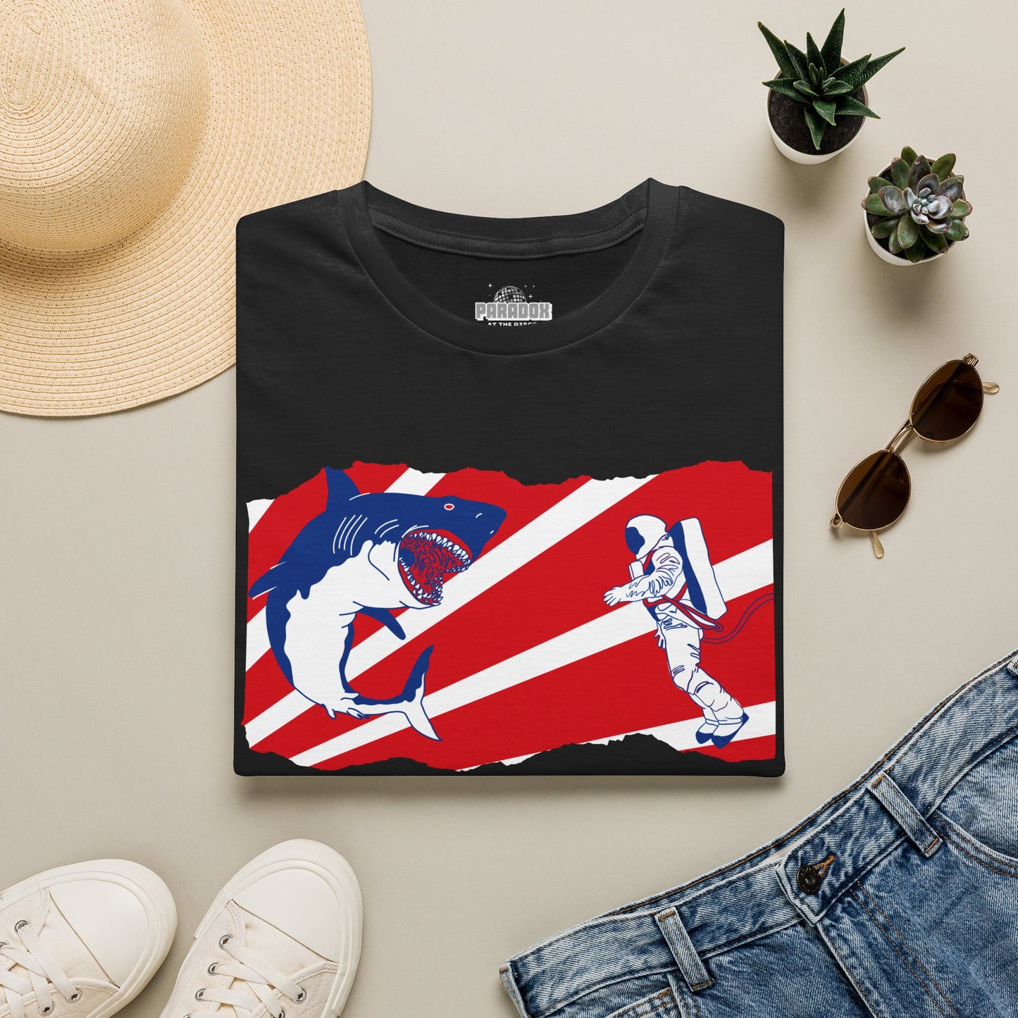 Astronaut vs Shark Graphic T-Shirt — Retro Red Stripe Space Dive Tee