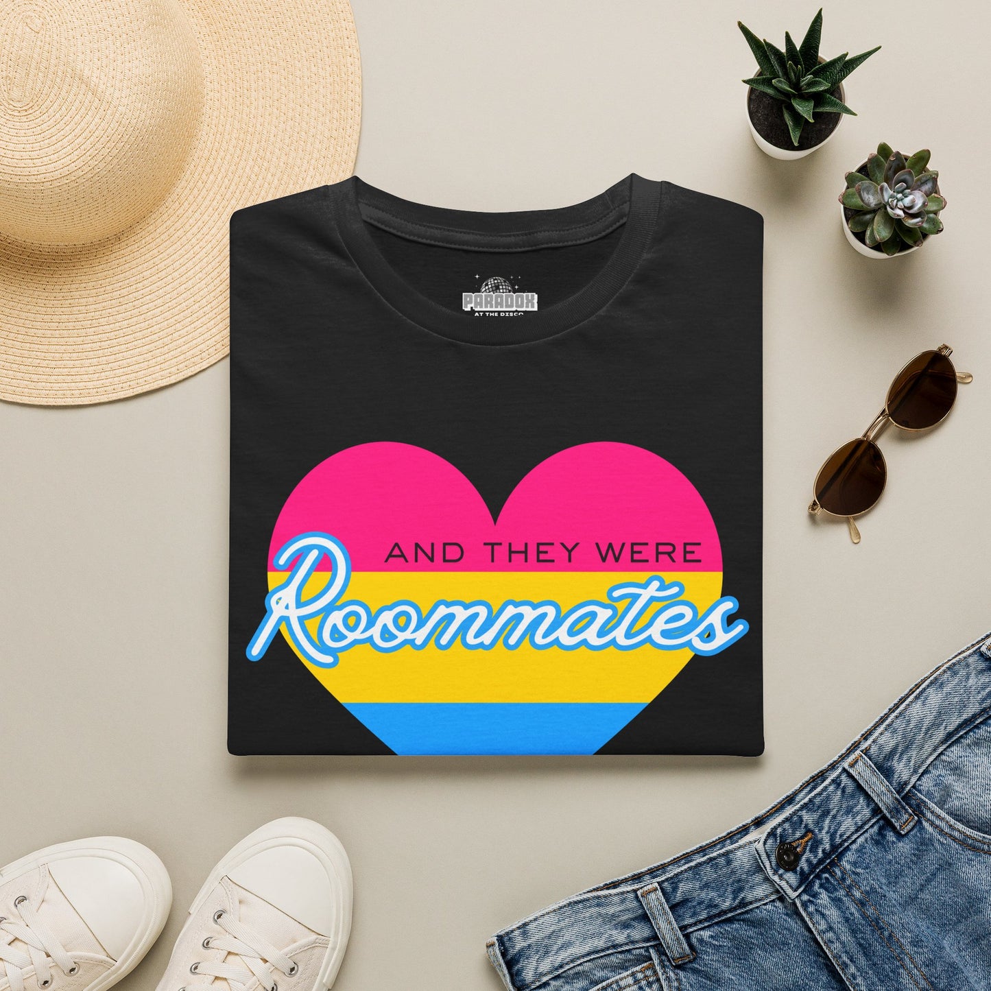 Pansexual "And They Were Roommates" Pride Heart Graphic Tee