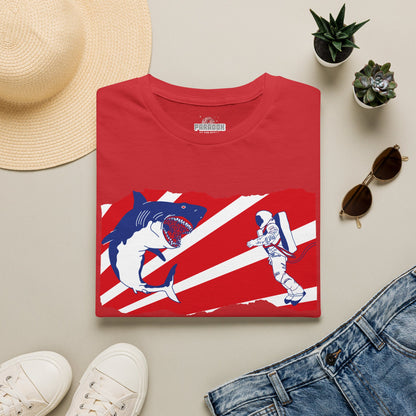 Astronaut vs Shark Graphic T-Shirt — Retro Red Stripe Space Dive Tee