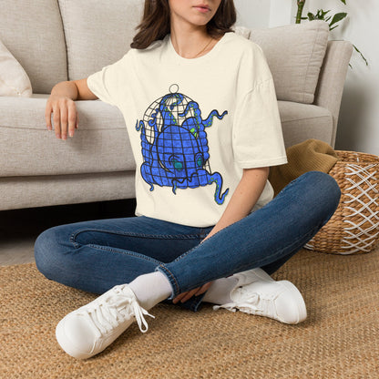 Octopus in Cage T-Shirt — Blue Nautical Sea Creature Graphic Tee