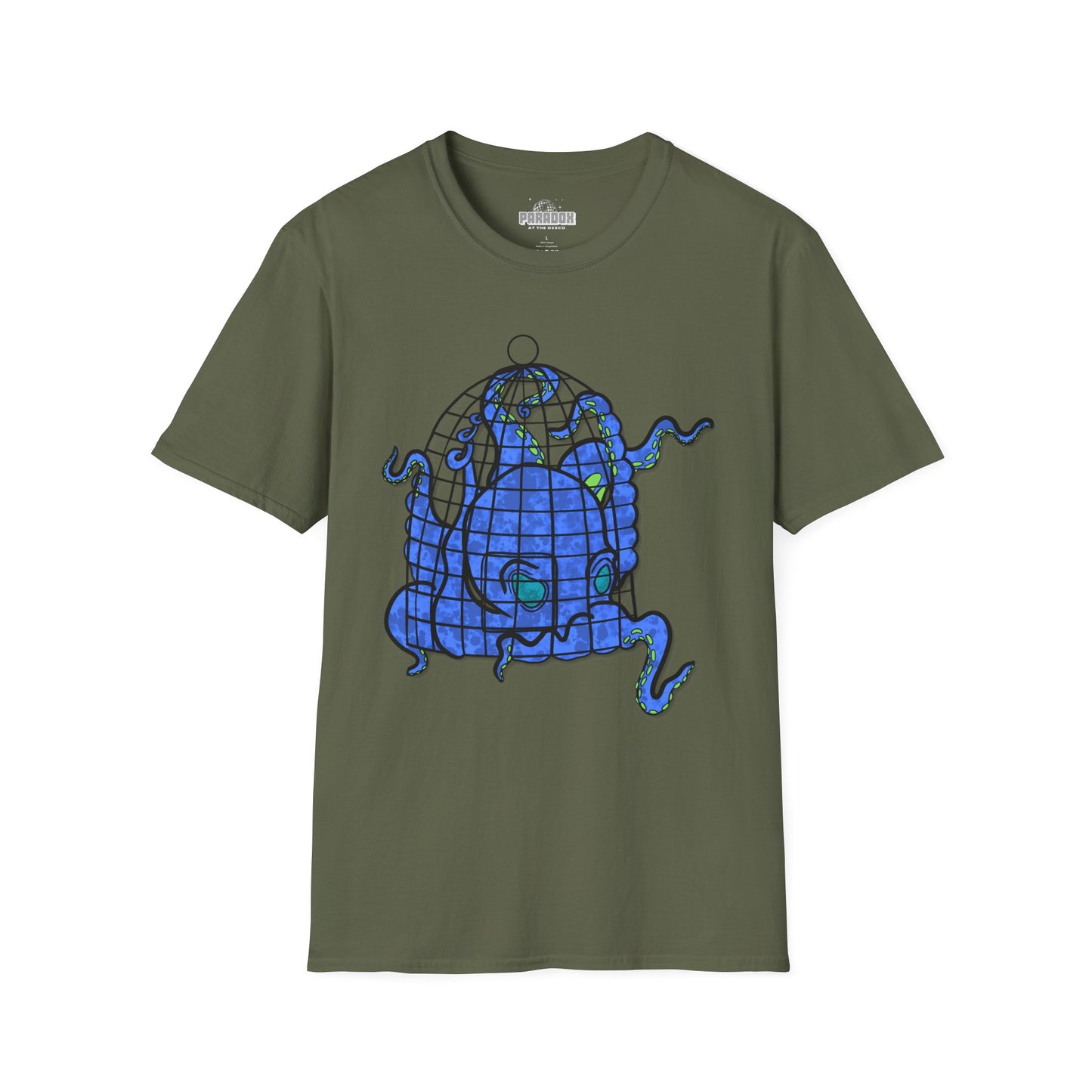 Octopus in Cage T-Shirt — Blue Nautical Sea Creature Graphic Tee