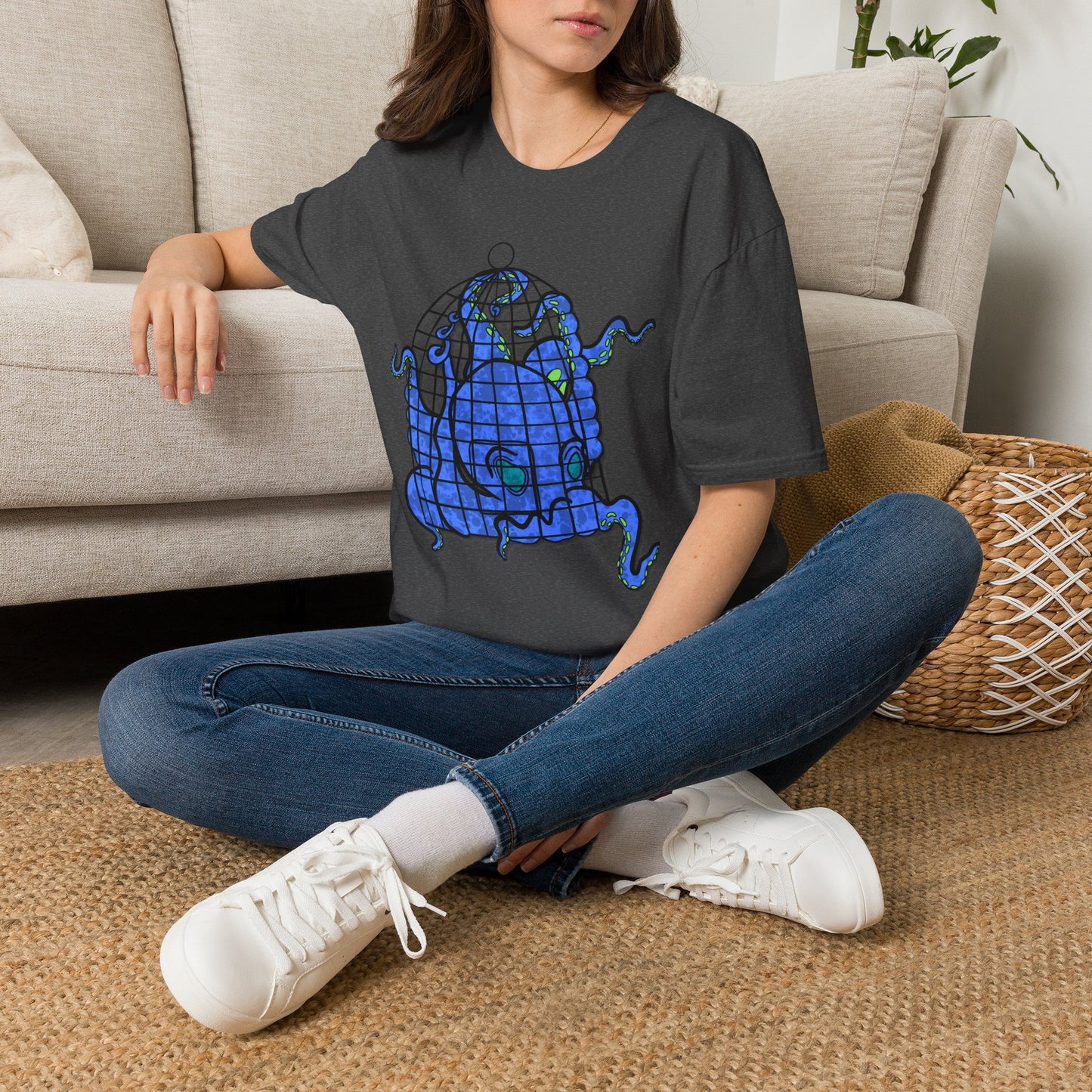 Octopus in Cage T-Shirt — Blue Nautical Sea Creature Graphic Tee