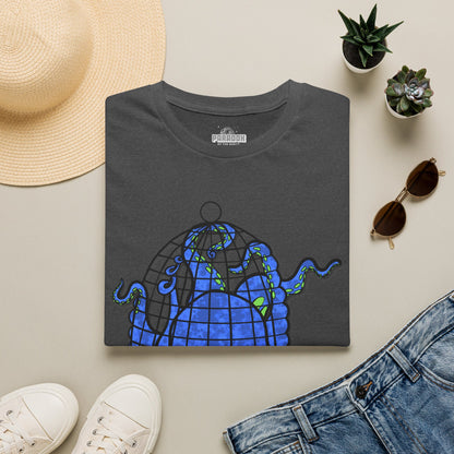 Octopus in Cage T-Shirt — Blue Nautical Sea Creature Graphic Tee