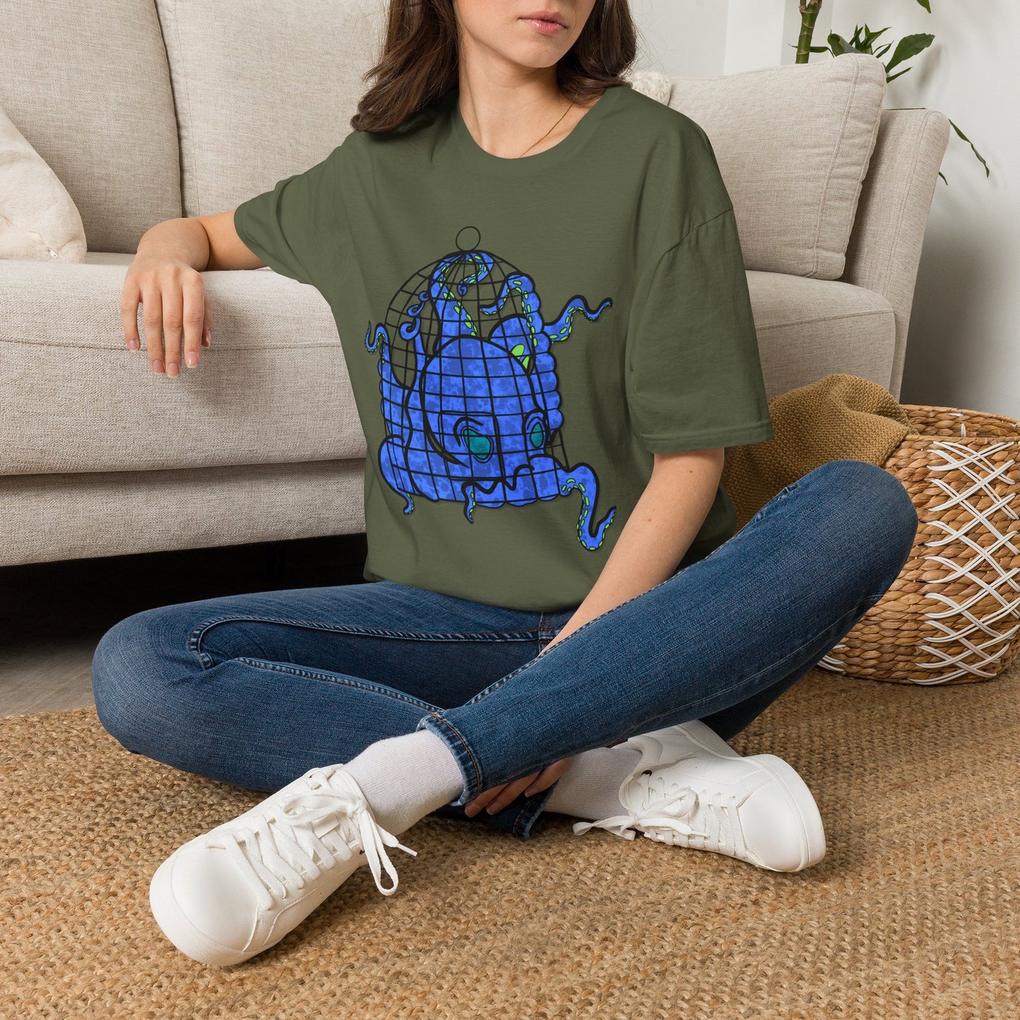 Octopus in Cage T-Shirt — Blue Nautical Sea Creature Graphic Tee