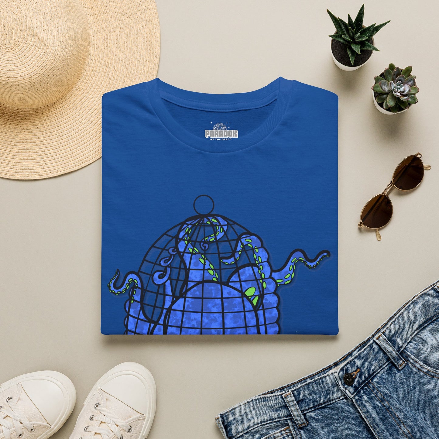 Octopus in Cage T-Shirt — Blue Nautical Sea Creature Graphic Tee