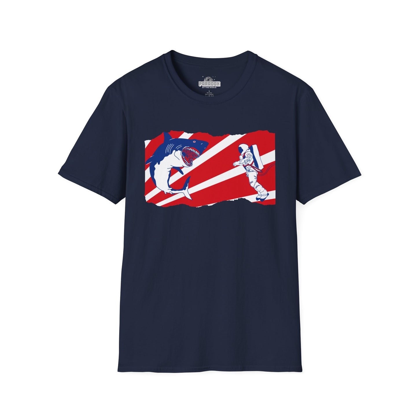 Astronaut vs Shark Graphic T-Shirt — Retro Red Stripe Space Dive Tee