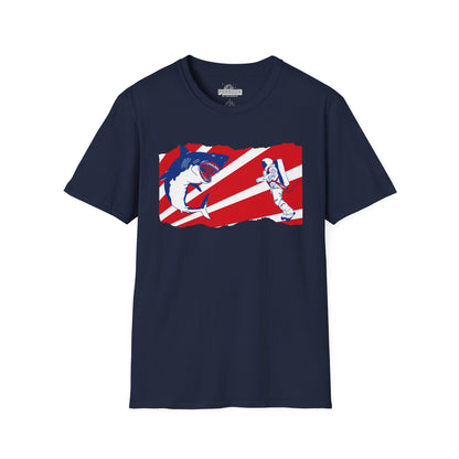 Astronaut vs Shark Graphic T-Shirt — Retro Red Stripe Space Dive Tee