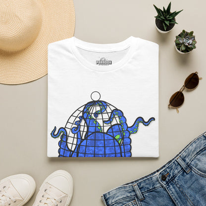 Octopus in Cage T-Shirt — Blue Nautical Sea Creature Graphic Tee