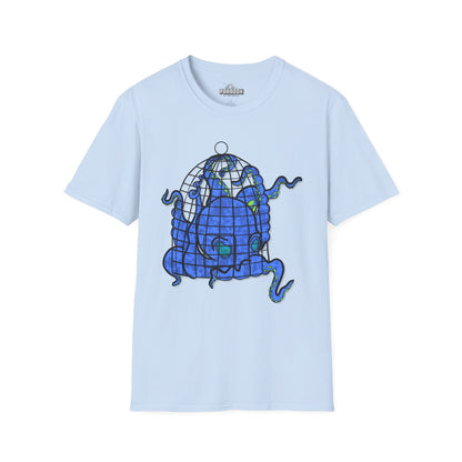Octopus in Cage T-Shirt — Blue Nautical Sea Creature Graphic Tee