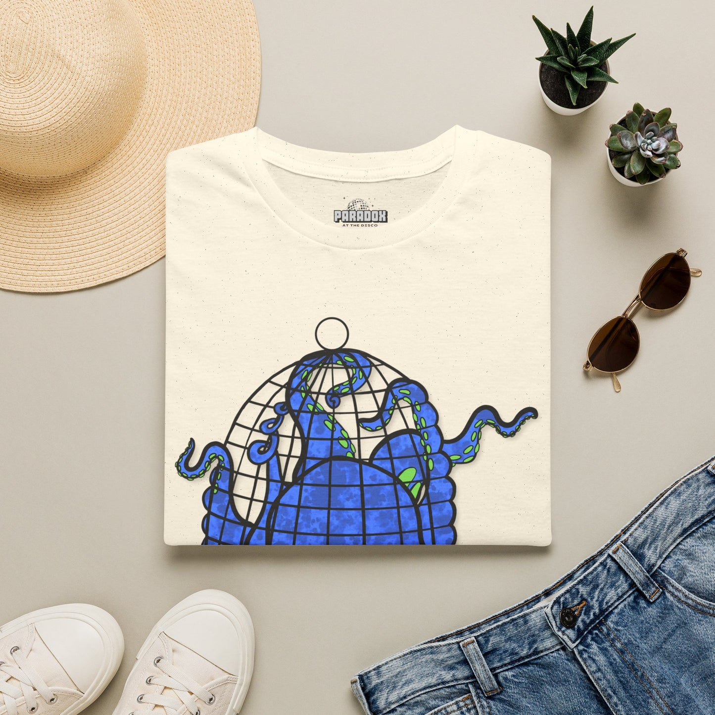 Octopus in Cage T-Shirt — Blue Nautical Sea Creature Graphic Tee