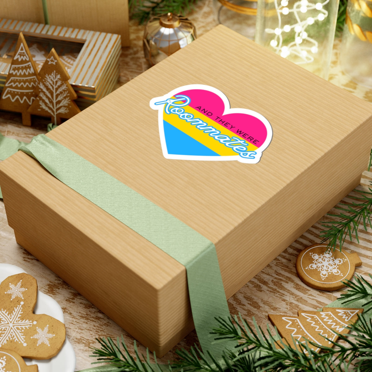 Pansexual "And They Were Roommates" Heart Sticker — Pride Decorative Kiss-Cut Sticker