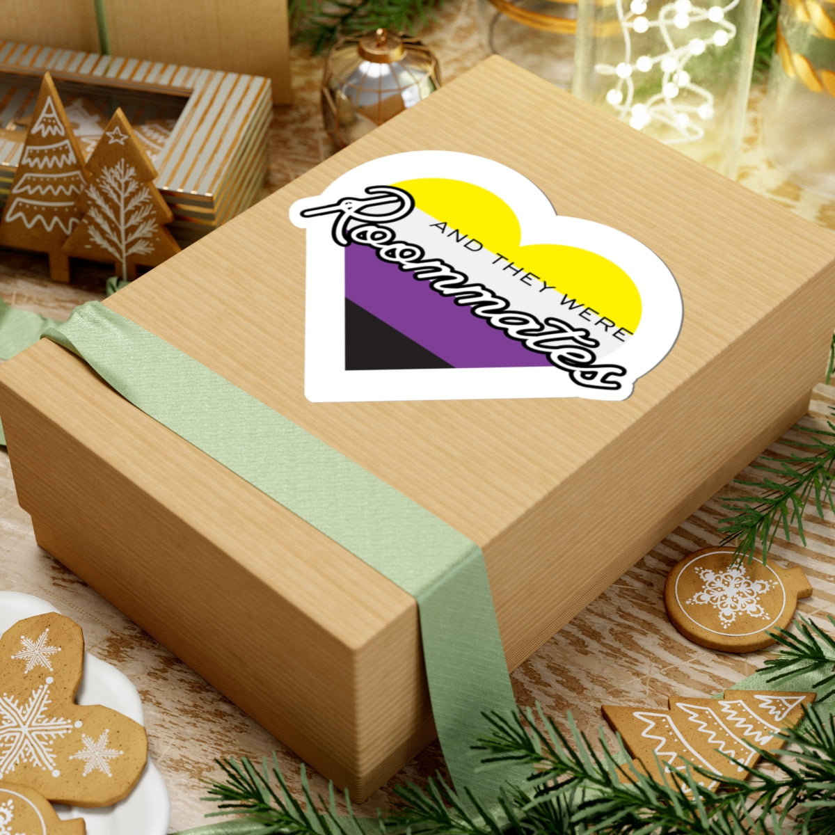 Nonbinary "And They Were Roommates" Heart Sticker — Pride Decorative Kiss-Cut Sticker