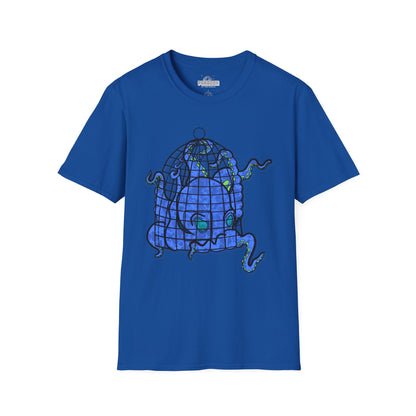 Octopus in Cage T-Shirt — Blue Nautical Sea Creature Graphic Tee