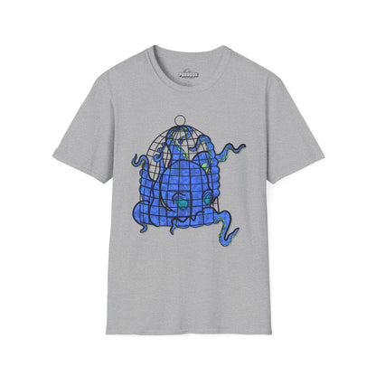 Octopus in Cage T-Shirt — Blue Nautical Sea Creature Graphic Tee