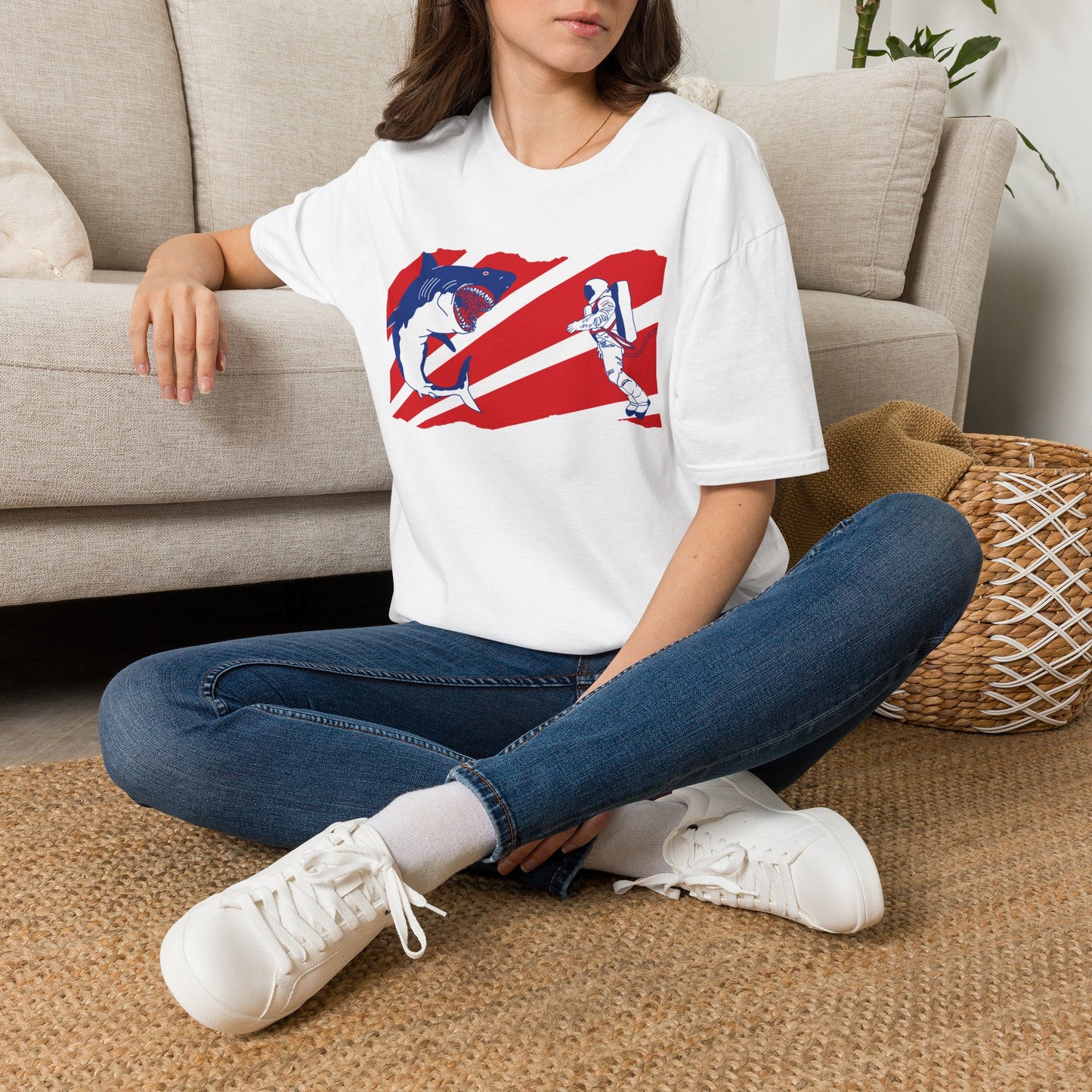 Astronaut vs Shark Graphic T-Shirt — Retro Red Stripe Space Dive Tee