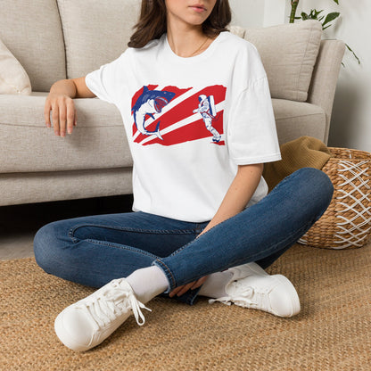 Astronaut vs Shark Graphic T-Shirt — Retro Red Stripe Space Dive Tee