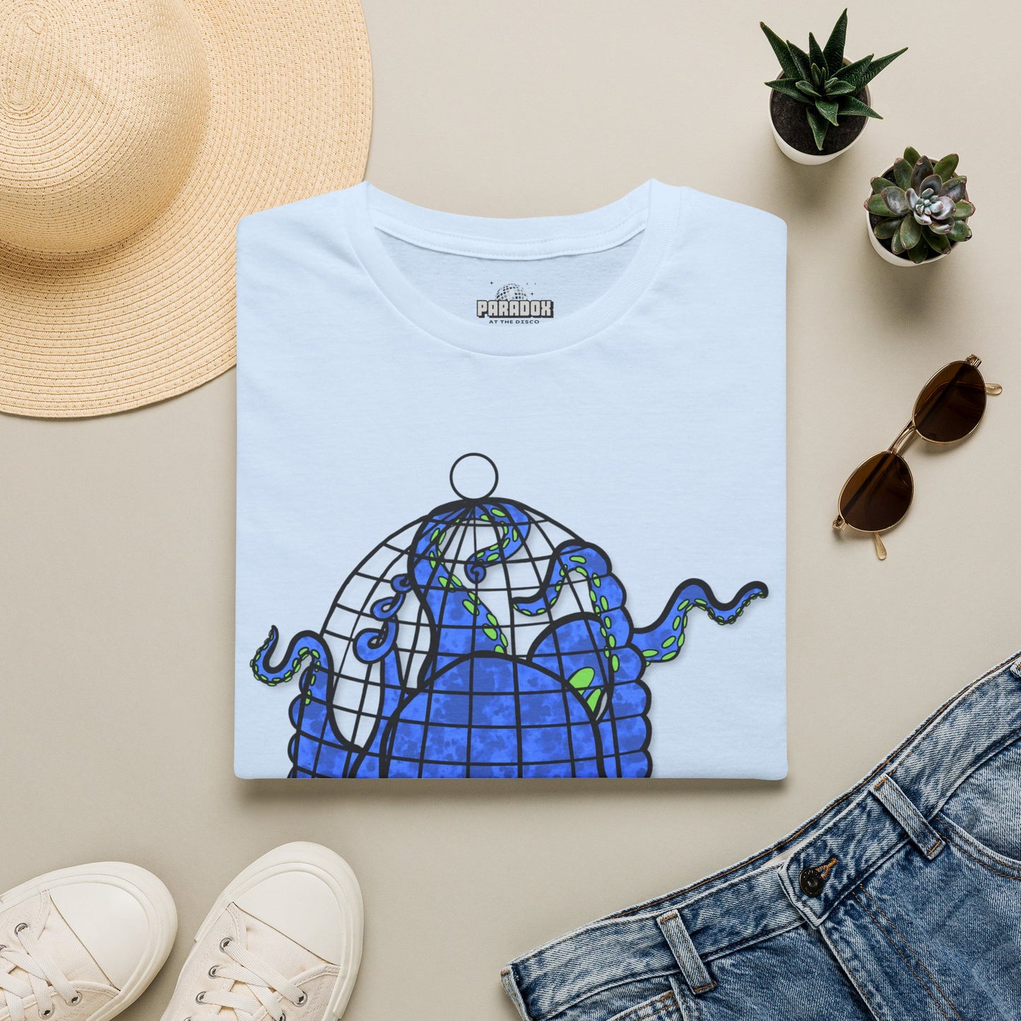 Octopus in Cage T-Shirt — Blue Nautical Sea Creature Graphic Tee